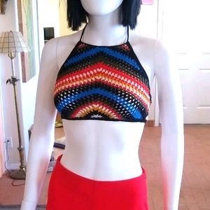 Multicolored striped tie on crop halter top
